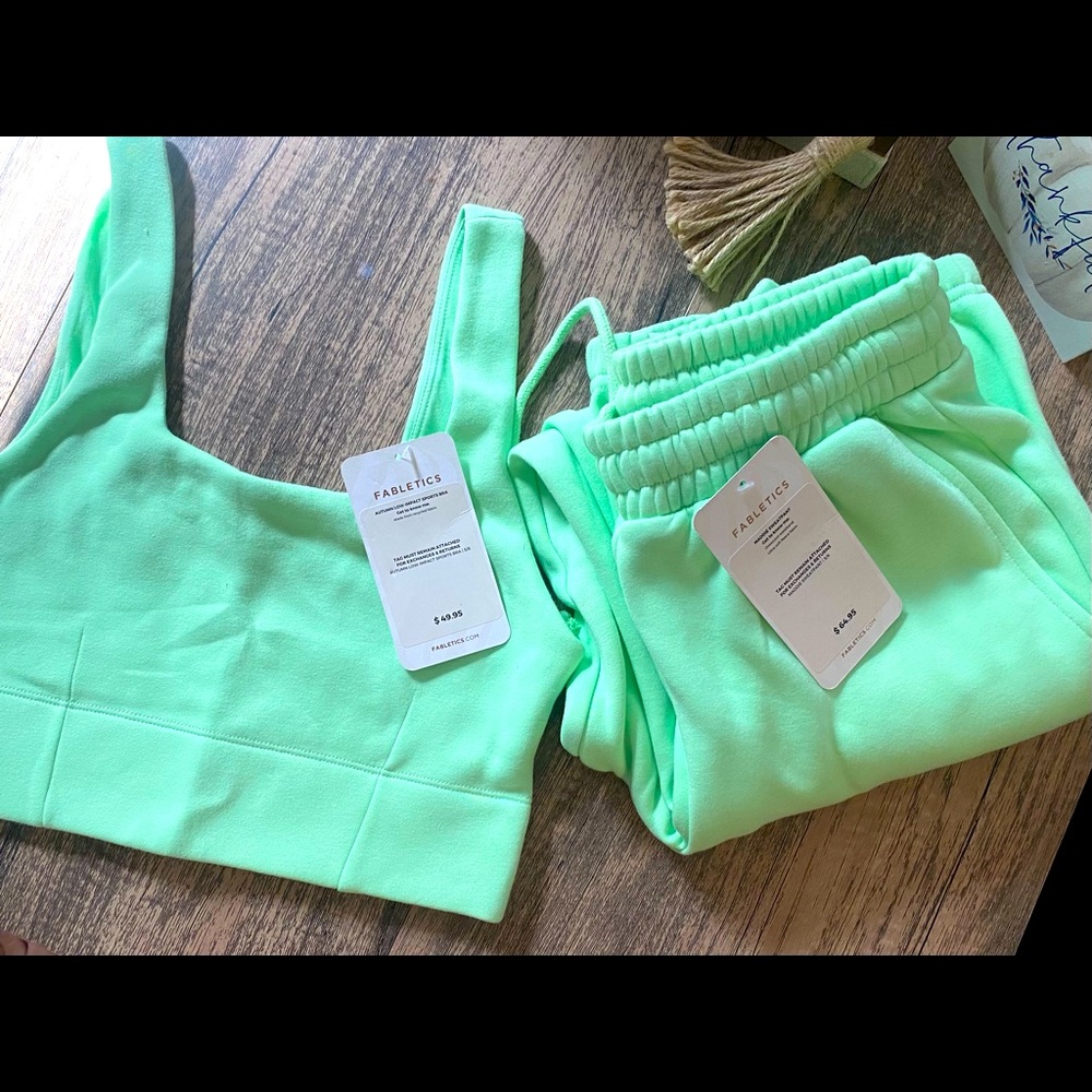 Lime green sports bra and sweatpants set